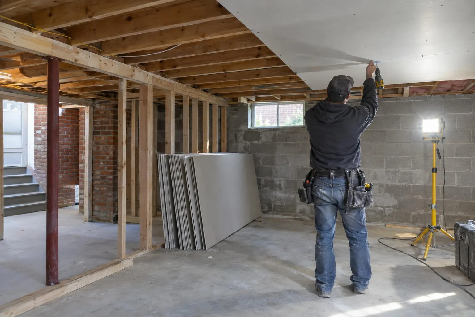 Drywall installer screwing a sheet to basement ceiling joists beside stacked board, a block wall and a work light on a stand