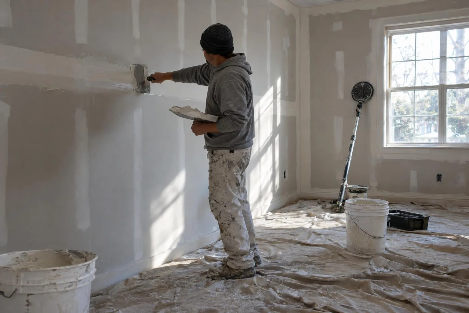 Drywall finisher in a gray hooded shirt spreading compound on a wall seam in a bright room with drop cloths and buckets
