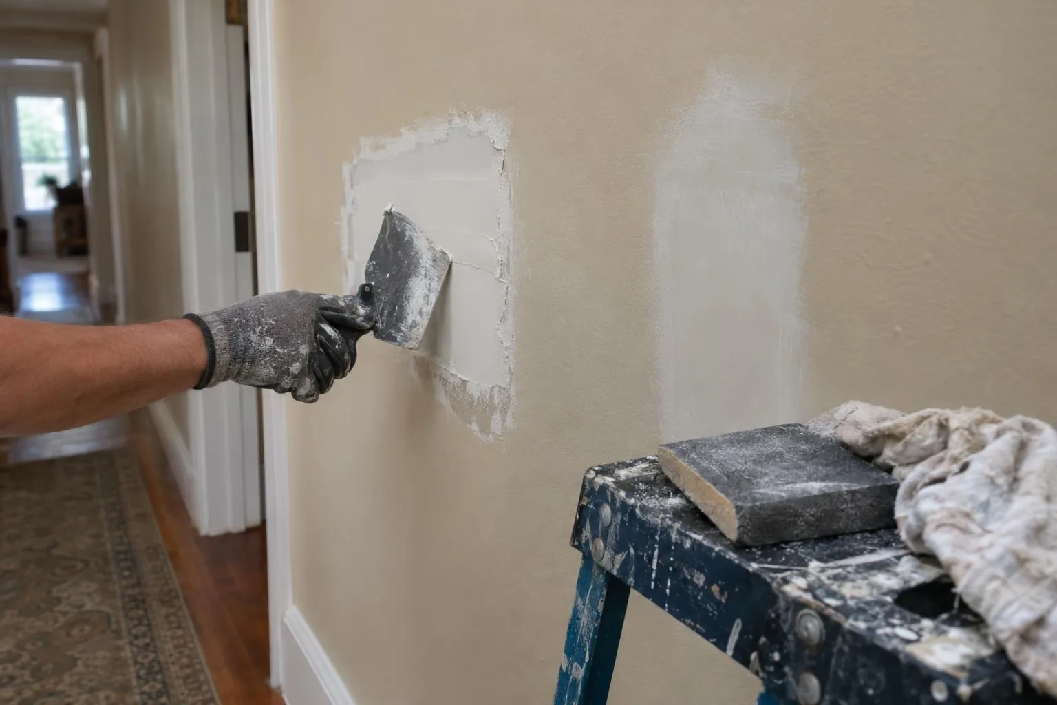 Gloved hand smoothing joint compound over a patched section of a hallway wall, a sanding block and rag on a ladder shelf